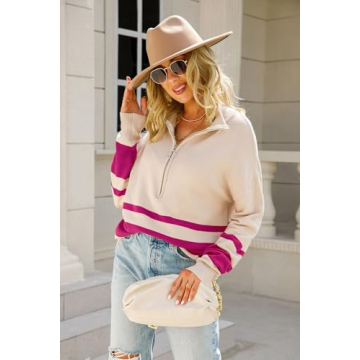Melliflo Women Half Zip Long Sleeve V NecR Color Block Pullover Sweaters Fall Winter Casual Ladies Sweaters Pullovers Tops