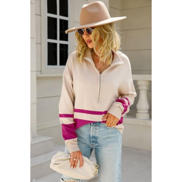Melliflo Women Half Zip Long Sleeve V NecR Color Block Pullover Sweaters Fall Winter Casual Ladies Sweaters Pullovers Tops