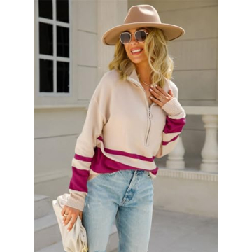 Melliflo Women Half Zip Long Sleeve V NecR Color Block Pullover Sweaters Fall Winter Casual Ladies Sweaters Pullovers Tops
