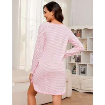 Namatime Cotton Nightgowns for Women Soft Striped House Dress Long Sleeve Sleep Shirts Fall Sleepwear Pajama Dress Nightshirt Maternity Postpartum Lounge Dress Pink L