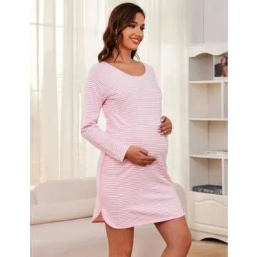 Namatime Cotton Nightgowns for Women Soft Striped House Dress Long Sleeve Sleep Shirts Fall Sleepwear Pajama Dress Nightshirt Maternity Postpartum Lounge Dress Pink L