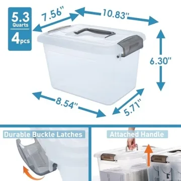 Citylife 4 Packs 6 QT Storage Bins with Lids Clear Plastic Bins with Grey Handle Stackable Storage Containers for Organizing