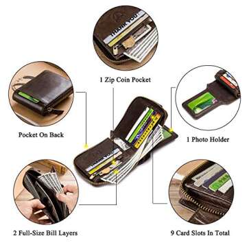 BAIGIO RFID Men Leather Zipper Wallet Zip Around Wallet Bifold Multi Card Holder Purse (Brown)
