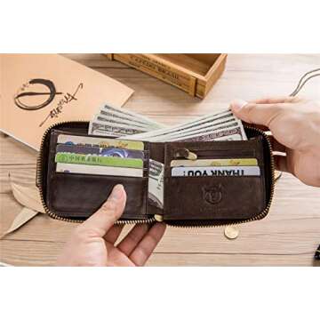BAIGIO RFID Men Leather Zipper Wallet Zip Around Wallet Bifold Multi Card Holder Purse (Brown)