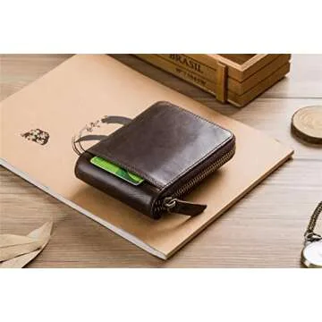BAIGIO RFID Men Leather Zipper Wallet Zip Around Wallet Bifold Multi Card Holder Purse (Brown)