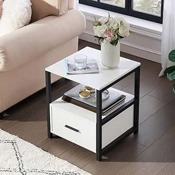 VECELO Modern Nightstand with Drawer Square End, Side Table for Bedroom, Living Room, Small Space, Night Stand with Open Shelf, Stable Metal Frame, 1 Pack, White & Black
