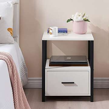 VECELO Modern Nightstand with Drawer Square End, Side Table for Bedroom, Living Room, Small Space, Night Stand with Open Shelf, Stable Metal Frame, 1 Pack, White & Black