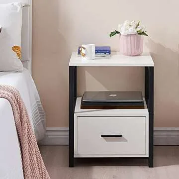 VECELO Modern Nightstand with Drawer Square End, Side Table for Bedroom, Living Room, Small Space, Night Stand with Open Shelf, Stable Metal Frame, 1 Pack, White & Black