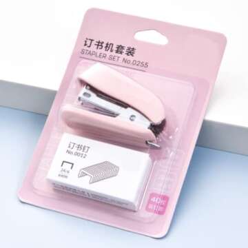 PROMISE FLOURISH Mini Stapler Hand Stapler with Staple Remover and 1 Box Staples,Cute Stationery for Students and Office Use (Pink)