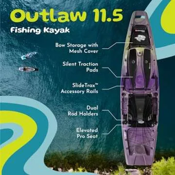 Perception - Outlaw 11.5 Kayak - Sit on Top Fishing Kayak - Fold Away Lawn Chair Seat - 4 Rod Holders - Integrated Tackle Trays - 11.5 ft - Pruple Camo