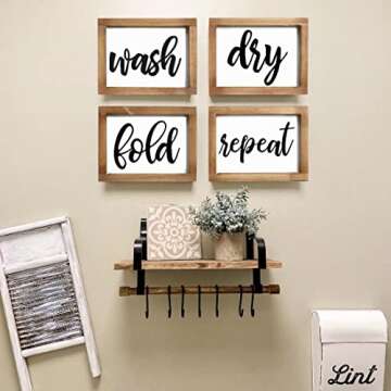 Mokof Laundry Room Decor Wash Fold Dry Repeat Mini Signs Set of 4, Farmhouse Laundry Room Decorative Sign Framed wood Wall Art, Laundry Shelf Decor, 6'' x 8'' (Brown Frame)