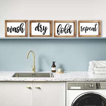 Mokof Laundry Room Decor Wash Fold Dry Repeat Mini Signs Set of 4, Farmhouse Laundry Room Decorative Sign Framed wood Wall Art, Laundry Shelf Decor, 6'' x 8'' (Brown Frame)