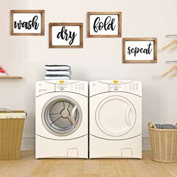 Mokof Laundry Room Decor Wash Fold Dry Repeat Mini Signs Set of 4, Farmhouse Laundry Room Decorative Sign Framed wood Wall Art, Laundry Shelf Decor, 6'' x 8'' (Brown Frame)