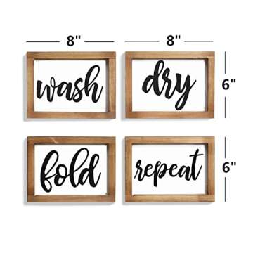 Mokof Laundry Room Decor Wash Fold Dry Repeat Mini Signs Set of 4, Farmhouse Laundry Room Decorative Sign Framed wood Wall Art, Laundry Shelf Decor, 6'' x 8'' (Brown Frame)