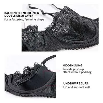 DOBREVA Women's Sexy Lace Push Up Plus Size Bra Sheer Balconette Underwire Unlined Black_Eyelash lace 34DD