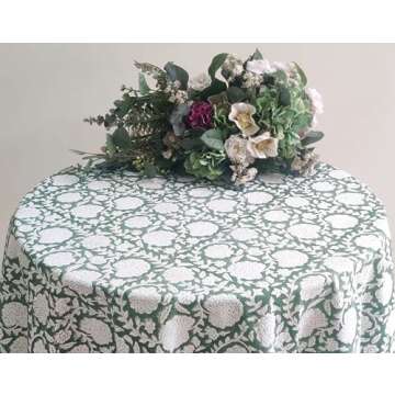 ATOSII Shalimar Green 100% Cotton Round Boho Fall Tablecloth, Handblock Floral Table Cloth Linen for Kitchen Dining I Parties Wedding Outdoors Christmas Thanksgiving I Fall Home Decor 72" Inches Round