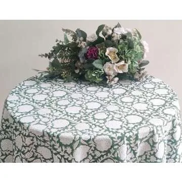 ATOSII Shalimar Green 100% Cotton Round Boho Fall Tablecloth, Handblock Floral Table Cloth Linen for Kitchen Dining I Parties Wedding Outdoors Christmas Thanksgiving I Fall Home Decor 72" Inches Round