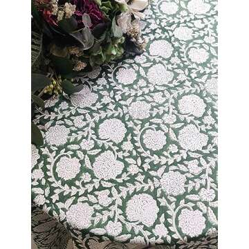 ATOSII Shalimar Green 100% Cotton Round Boho Fall Tablecloth, Handblock Floral Table Cloth Linen for Kitchen Dining I Parties Wedding Outdoors Christmas Thanksgiving I Fall Home Decor 72" Inches Round