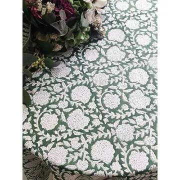 ATOSII Shalimar Green 100% Cotton Round Boho Fall Tablecloth, Handblock Floral Table Cloth Linen for Kitchen Dining I Parties Wedding Outdoors Christmas Thanksgiving I Fall Home Decor 72" Inches Round