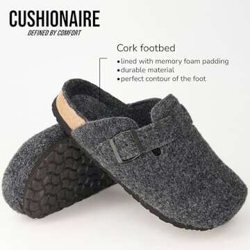 CUSHIONAIRE Hana Womens Clogs | Comfortable Vegan Suede Clogs for Women | Slip On Potato Shoes with Cork Footbed & Arch Support| Charcoal 8