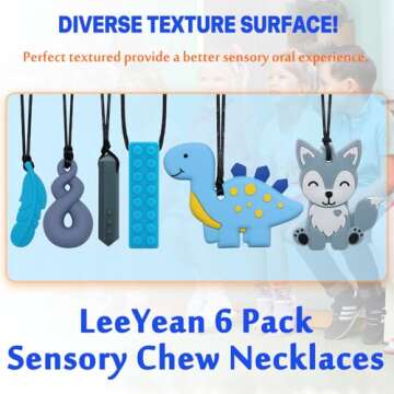 Chew Necklaces for Sensory Kids, 6 Pack Fox and Dinosaur Silicone Chewing Necklace for Boys and Girls with Autism, ADHD, SPD, Sensory Chewy Toys for Autistic Children Reduce Anxiety Fidgeting