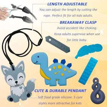 Chew Necklaces for Sensory Kids, 6 Pack Fox and Dinosaur Silicone Chewing Necklace for Boys and Girls with Autism, ADHD, SPD, Sensory Chewy Toys for Autistic Children Reduce Anxiety Fidgeting