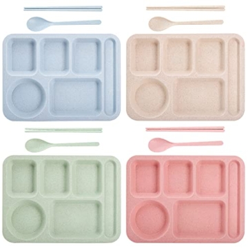 TOPZEA 4 Pack Unbreakable Divided Plates, 6 Compartments Wheat Straw Section Plates Plastic Dinner P...