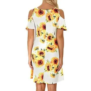 Tanst Sky Open Shoulder Dresses for Women, Lularoe Dress Swing Short Sleeve Flattering Long Tunics Pockets Curved Hem Summer Outfit Scoop Neck Energetic Dating Breezy Clothing Sunflowers Large