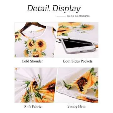 Tanst Sky Open Shoulder Dresses for Women, Lularoe Dress Swing Short Sleeve Flattering Long Tunics Pockets Curved Hem Summer Outfit Scoop Neck Energetic Dating Breezy Clothing Sunflowers Large