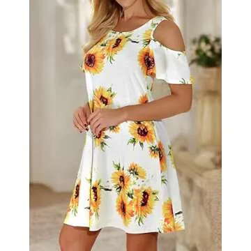 Tanst Sky Open Shoulder Dresses for Women, Lularoe Dress Swing Short Sleeve Flattering Long Tunics Pockets Curved Hem Summer Outfit Scoop Neck Energetic Dating Breezy Clothing Sunflowers Large