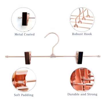 Koobay Rose Gold Metal Wire Clips Pants Bottom Clothes Hangers, 30 Pack Heavy Duty Trousers Hangers with Adjustable Clips,13.8" Pants Hangers Space Saving Metal Hangers for Legging Garment Jeans