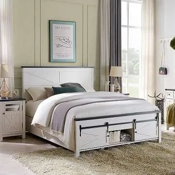 Stylish Farmhouse Bed Frame with Barn Door Storage