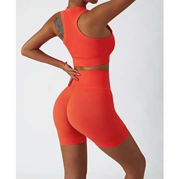 ABOCIW Workout Sets for Women 2 Piece Seamless Ribbed Crop Tank High Waist Shorts Gym Yoga Outfits Tracksuit Orange Medium