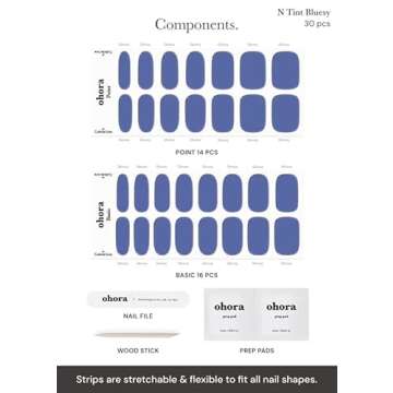 ohora Semi Cured Gel Nail Strips (N Tint Bluesy) - Blue, Tint, Works with Any UV/LED Lamps, Salon-Quality, Long Lasting, Easy to Apply & Remove - Includes 2 Prep Pads, Nail File & Wooden Stick