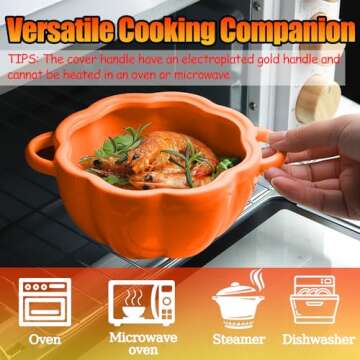 Fall Pumpkin Ceramic Bowl with Lid, 15 oz Microwave & Dishwasher Safe Pumpkin Soup Bowl with Handle,...