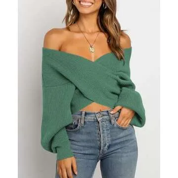 BTFBM Women Casual V Neck Long Sleeve Sweater - Cross Wrap Off Shoulder Design