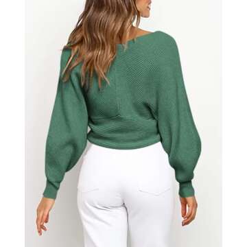 BTFBM Women Casual V Neck Long Sleeve Sweaters Cross Wrap Front Off Shoulder Asymmetric Hem Knitted Crop Solid Pullover(Solid Army Green, Large)