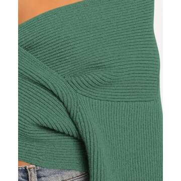 BTFBM Women Casual V Neck Long Sleeve Sweaters Cross Wrap Front Off Shoulder Asymmetric Hem Knitted Crop Solid Pullover(Solid Army Green, Large)