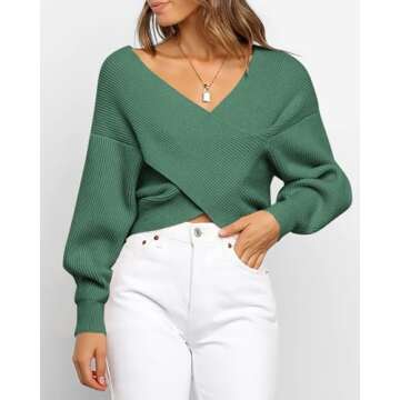 BTFBM Women Casual V Neck Long Sleeve Sweaters Cross Wrap Front Off Shoulder Asymmetric Hem Knitted Crop Solid Pullover(Solid Army Green, Large)