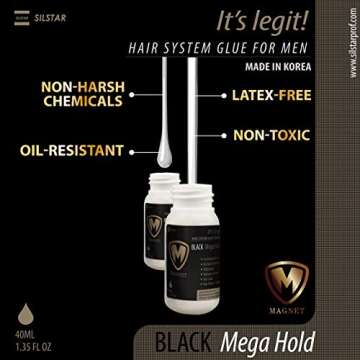 Magnet Wig Glue for Men Black - 1.35oz MEGA Hold/Fast Drying/Frontal Closure, Toupee, Man Weave, Hairpiece, LACE Wig/Oil-Resistant/Waterproof/Moisture Control/Made in Korea