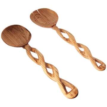 Exquisite Kenyan Hand Carved Twisted Olive Wood Salad Set
