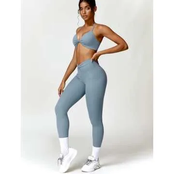 ABOCIW Workout Sets for Women 2 Piece Outfits Twist Waist High Waist Leggings with Pockets Halter Twist Front Sports Bra Gym Sets Twist Blue Gray X-Large