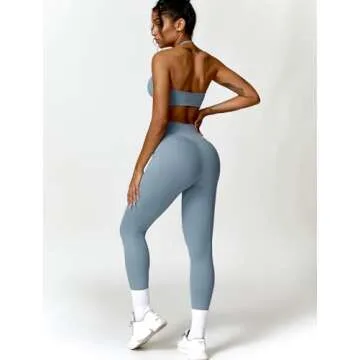 ABOCIW Workout Sets for Women 2 Piece Outfits Twist Waist High Waist Leggings with Pockets Halter Twist Front Sports Bra Gym Sets Twist Blue Gray X-Large