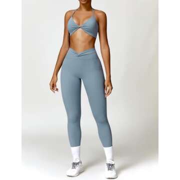 ABOCIW Workout Sets for Women 2 Piece Outfits Twist Waist High Waist Leggings with Pockets Halter Twist Front Sports Bra Gym Sets Twist Blue Gray X-Large