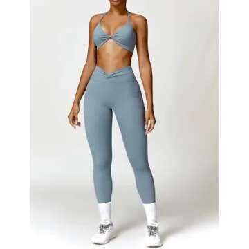 ABOCIW Workout Sets for Women 2 Piece Outfits Twist Waist High Waist Leggings with Pockets Halter Twist Front Sports Bra Gym Sets Twist Blue Gray X-Large