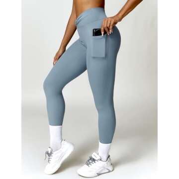 ABOCIW Workout Sets for Women 2 Piece Outfits Twist Waist High Waist Leggings with Pockets Halter Twist Front Sports Bra Gym Sets Twist Blue Gray X-Large