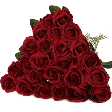 Hotop 20 Pcs Realistic Wine Red Silk Rose Bouquet - Perfect for Weddings, Home & Parties