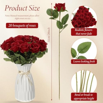 20 Pcs Realistic Silk Rose Bouquet for Parties