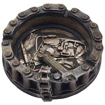 Decorative Motorcycle Chain Ashtray with Wrench and Bike Motif for Bikers and Mechanics