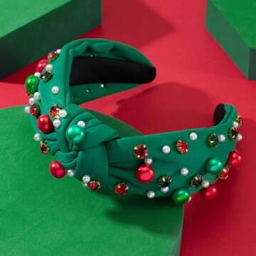 Mixcbe Christmas Jeweled Headband for Women Red Green Crystal Pearl Xmas Embellished Knotted Hairban...